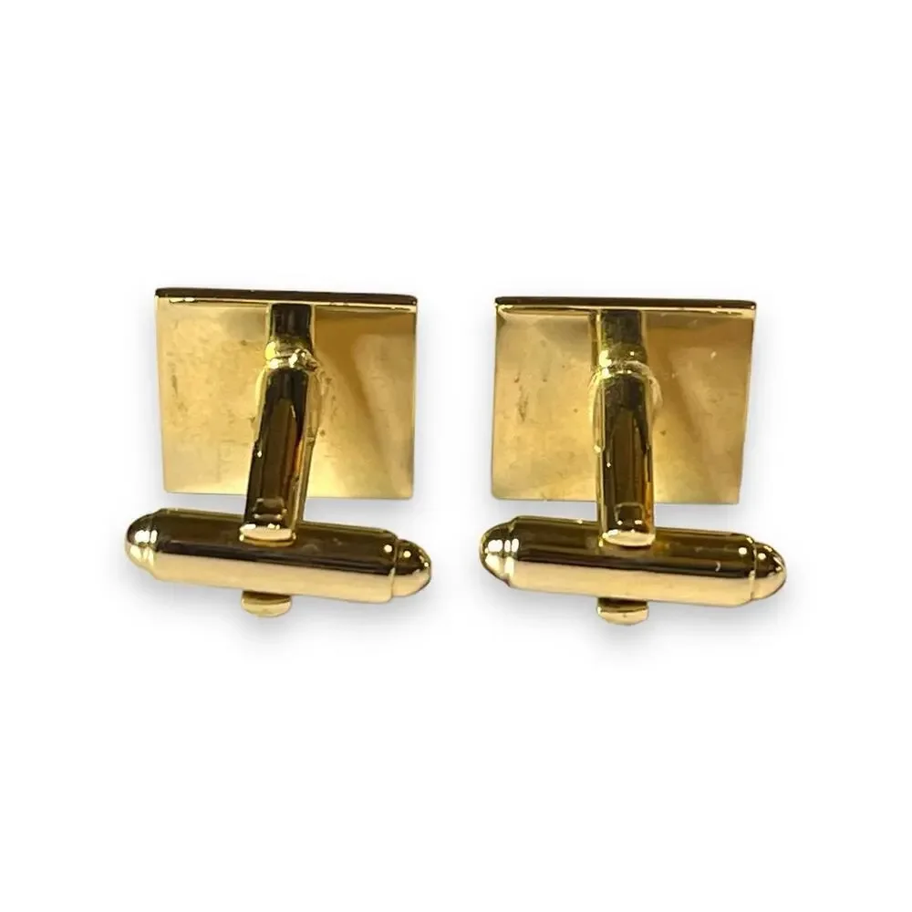 Vintage Dante Cufflinks Gold Tone Jade Stone Crosshatch Barrel Box Signed